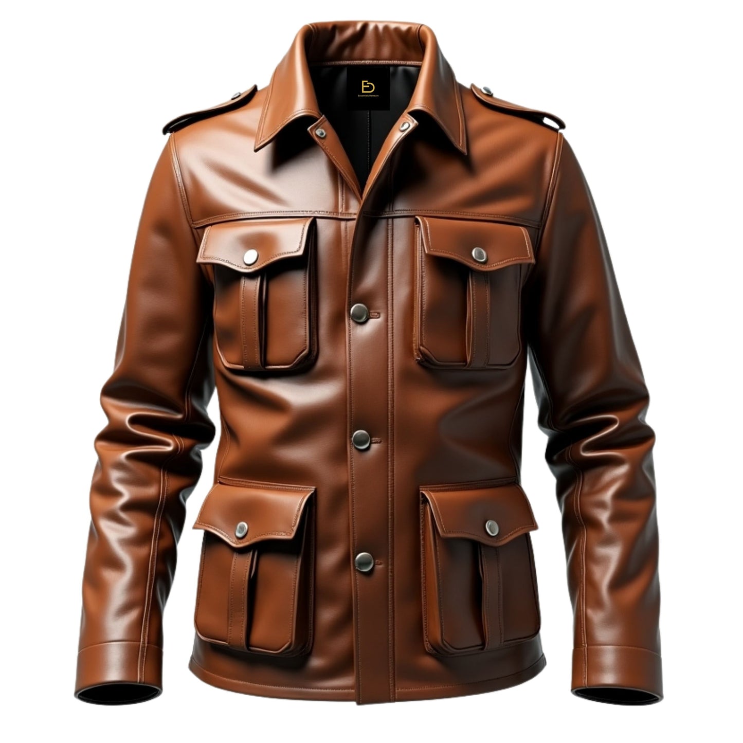 Men's Brown Leather Field Jacket: Four Flap Pockets, Rugged Outdoor Style