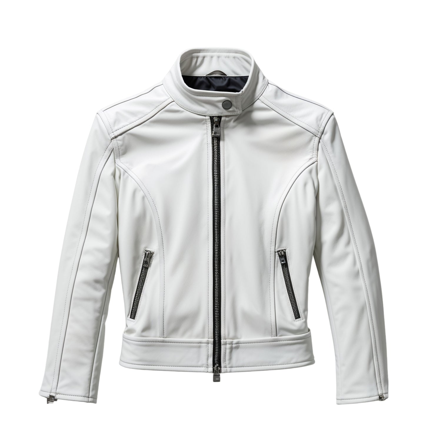 Women's White Leather Cropped Moto Jacket with Black Zippers – Stand Collar Slim Fit
