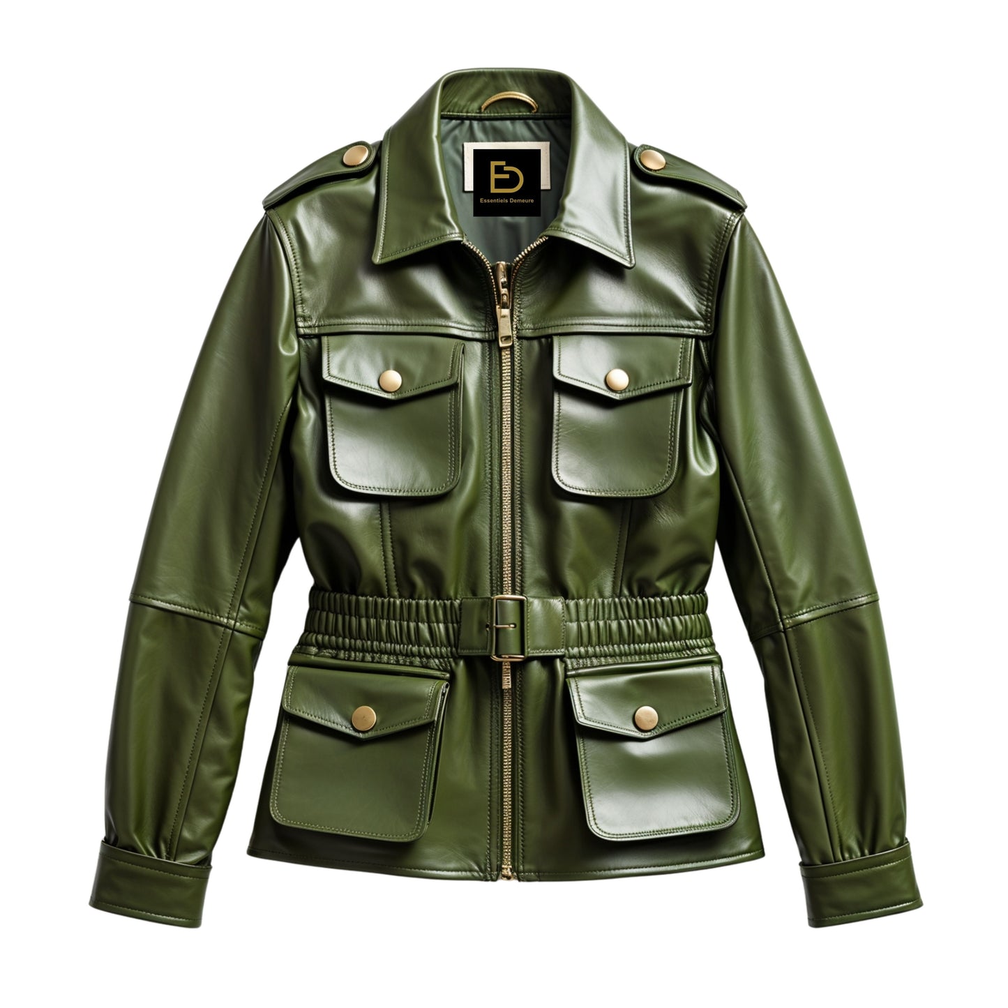 Womens Olive Green Leather Utility Jacket with Belted Waist and Cargo Pockets