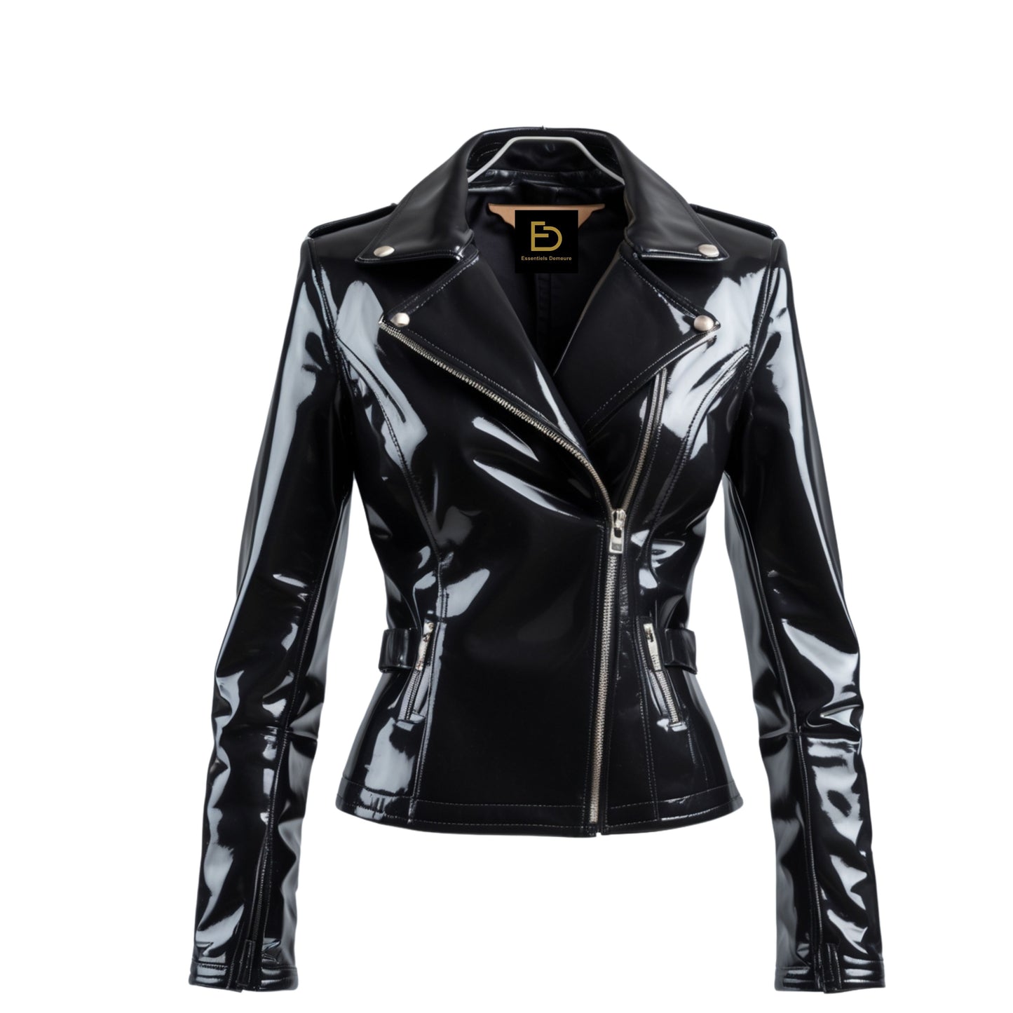 Womens Black Patent Leather Moto Jacket: Glossy Biker Style Streetwear Coat