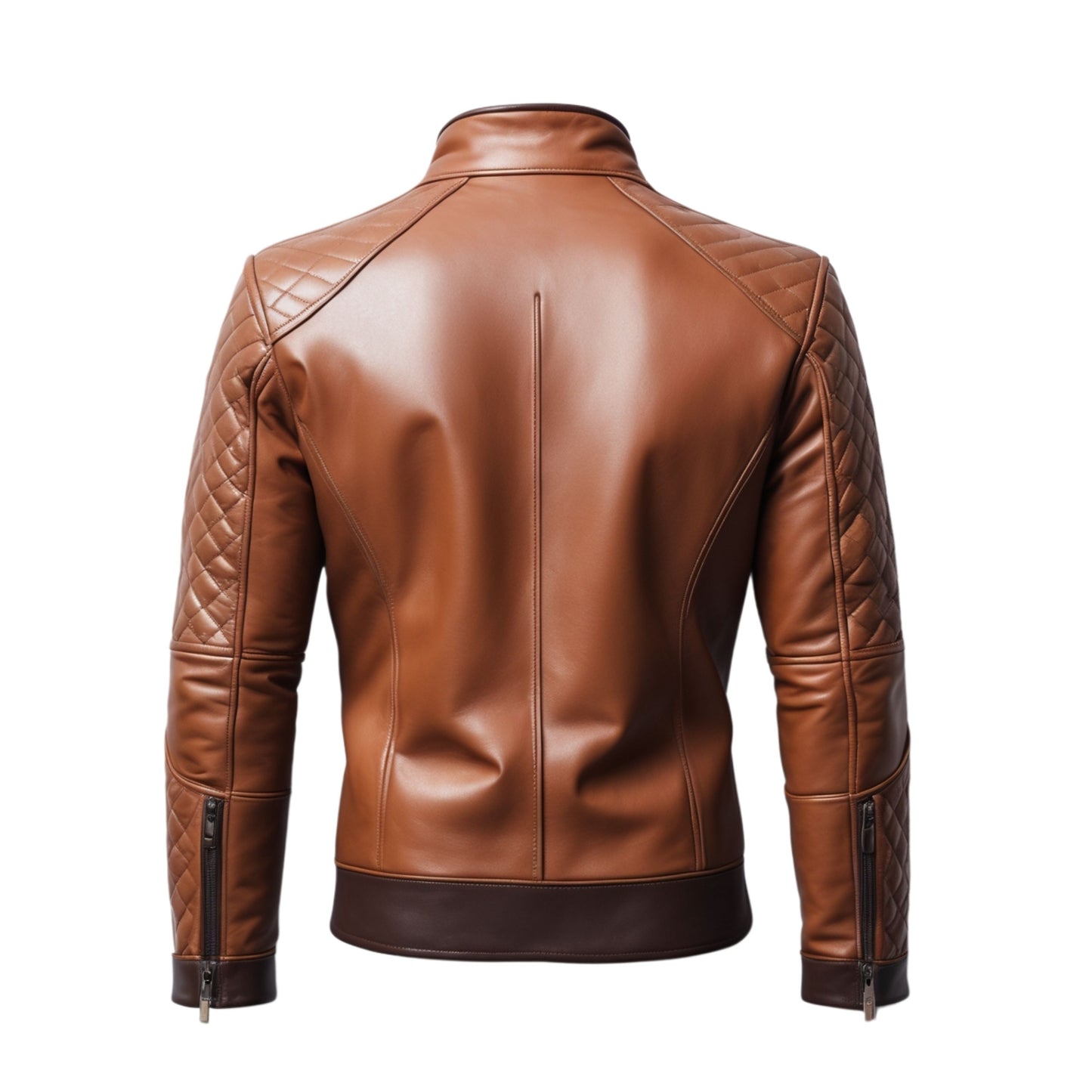 Brown Quilted Leather Biker Jacket – Cafe Racer Stand Collar Full Zip