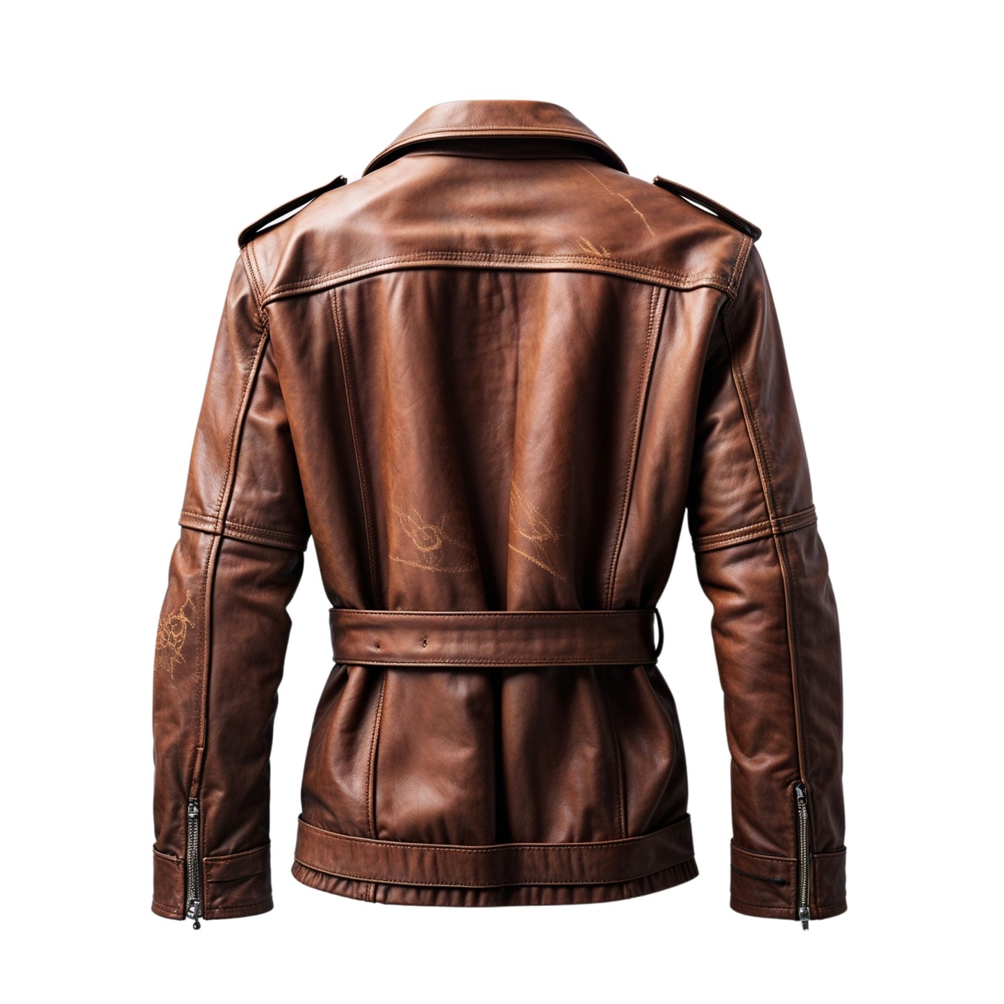 Men's Brown Leather Belted Jacket: Wide Lapels, Zipper Pockets, Timeless Style