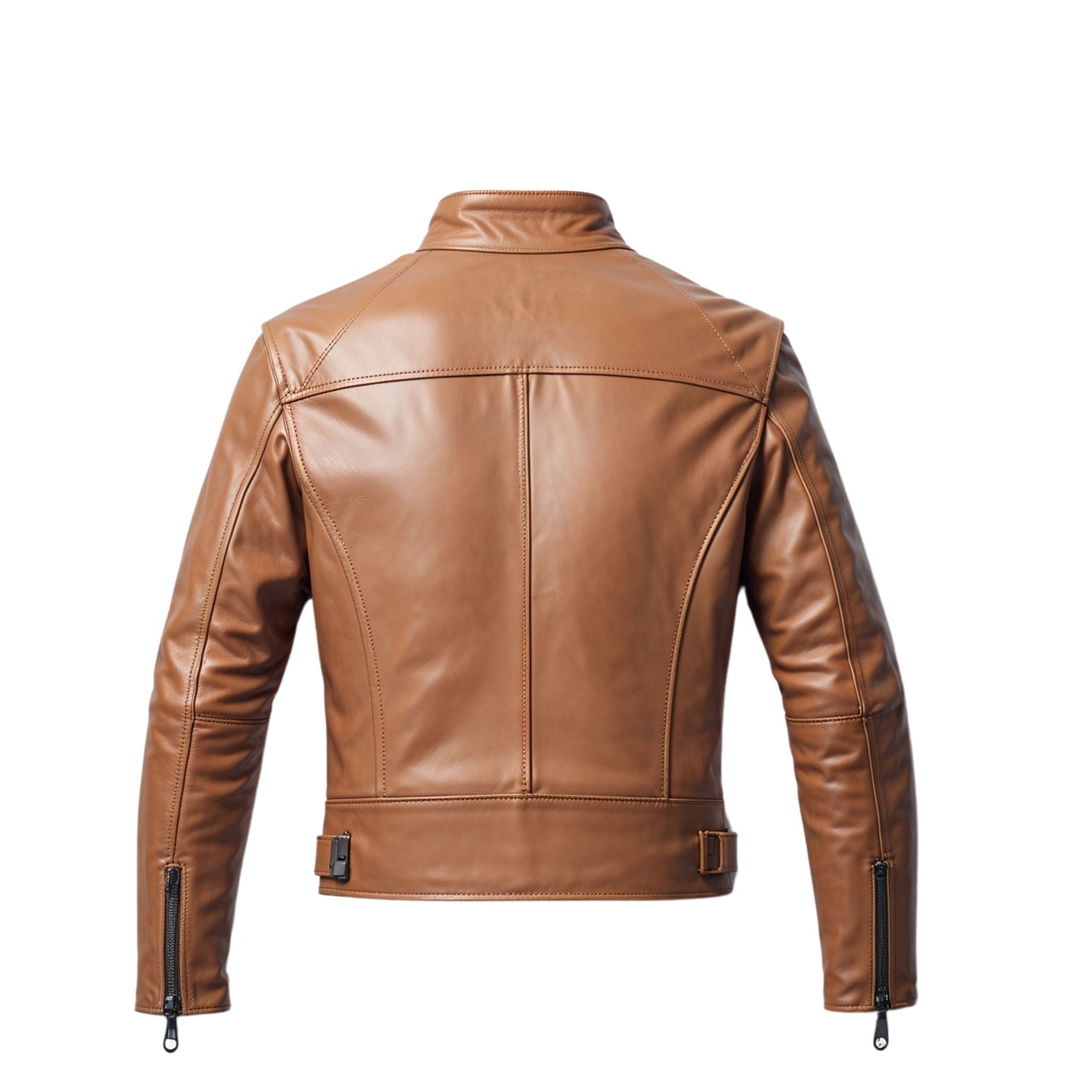 Men's Cognac Brown Leather Moto Jacket – Slim Fit Stand Collar Zipper Pockets