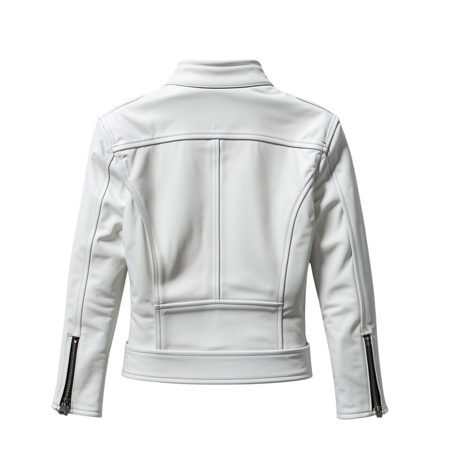 Women's White Leather Cropped Moto Jacket with Black Zippers – Stand Collar Slim Fit