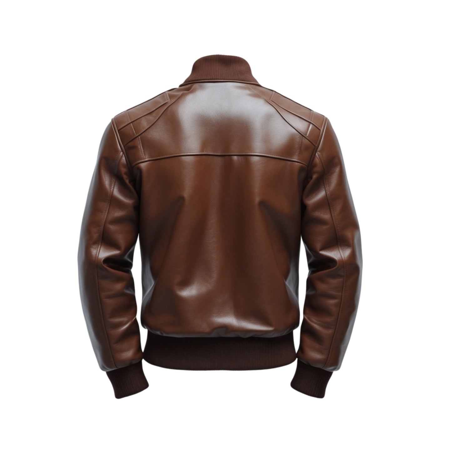 Men's Brown Leather Bomber Jacket Ribbed Cuffs Snap Button Casual Winter Wear