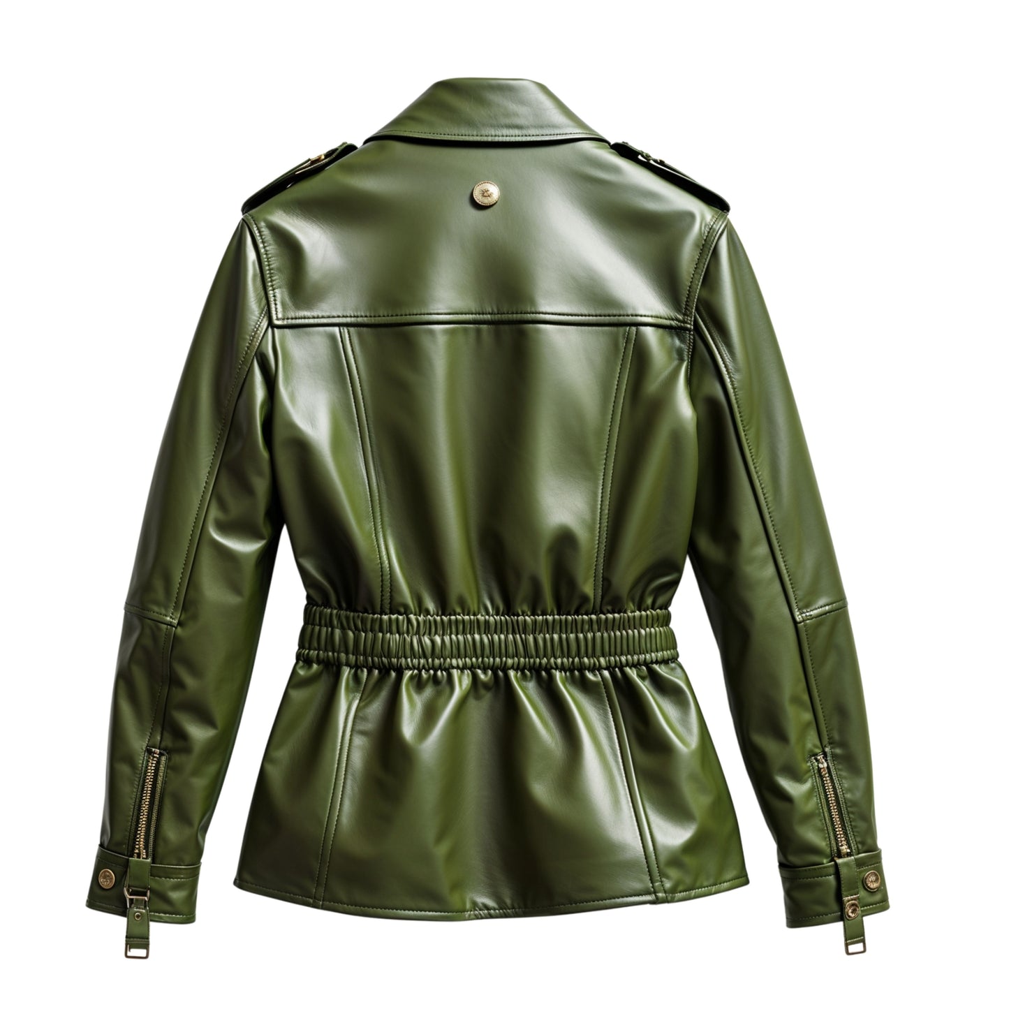 Womens Olive Green Leather Utility Jacket with Belted Waist and Cargo Pockets