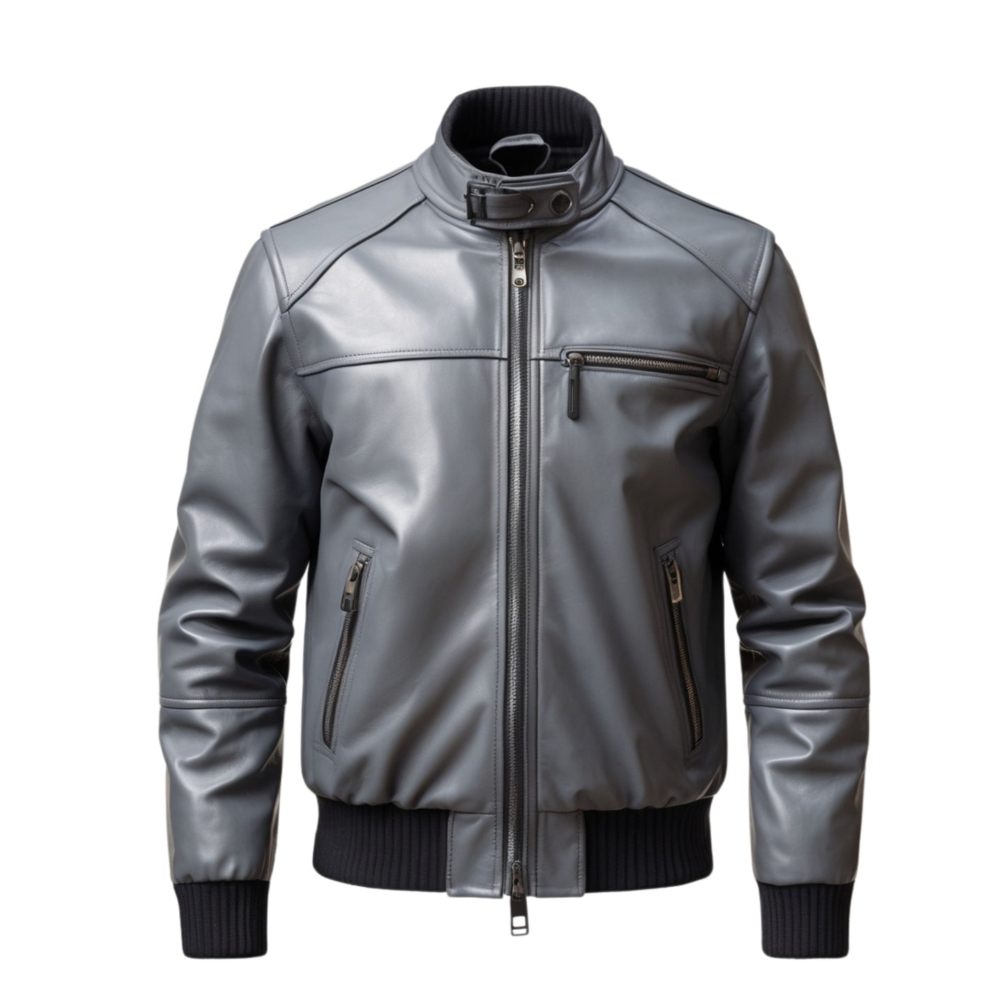 Charcoal Grey Genuine Leather Bomber Jacket with Ribbed Hem and Stand Collar