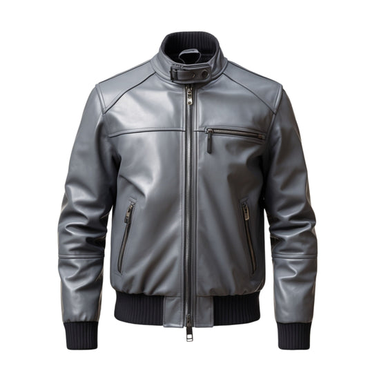 Charcoal Grey Genuine Leather Bomber Jacket with Ribbed Hem and Stand Collar