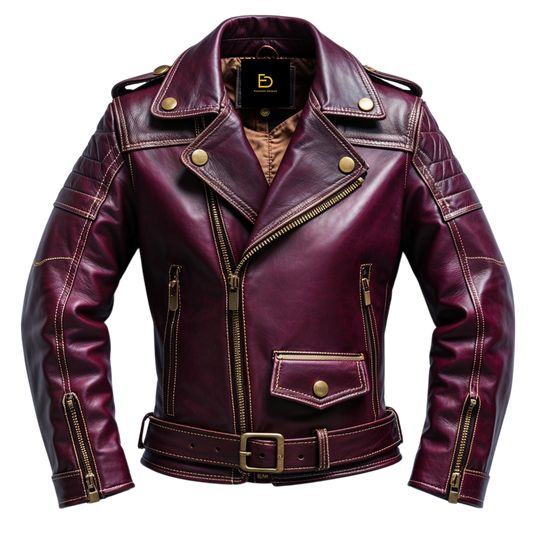 Men Real Leather Maroon Biker Jacket Belted Waist Asymmetrical Zip Classic Moto Style Urban Casual Outfit