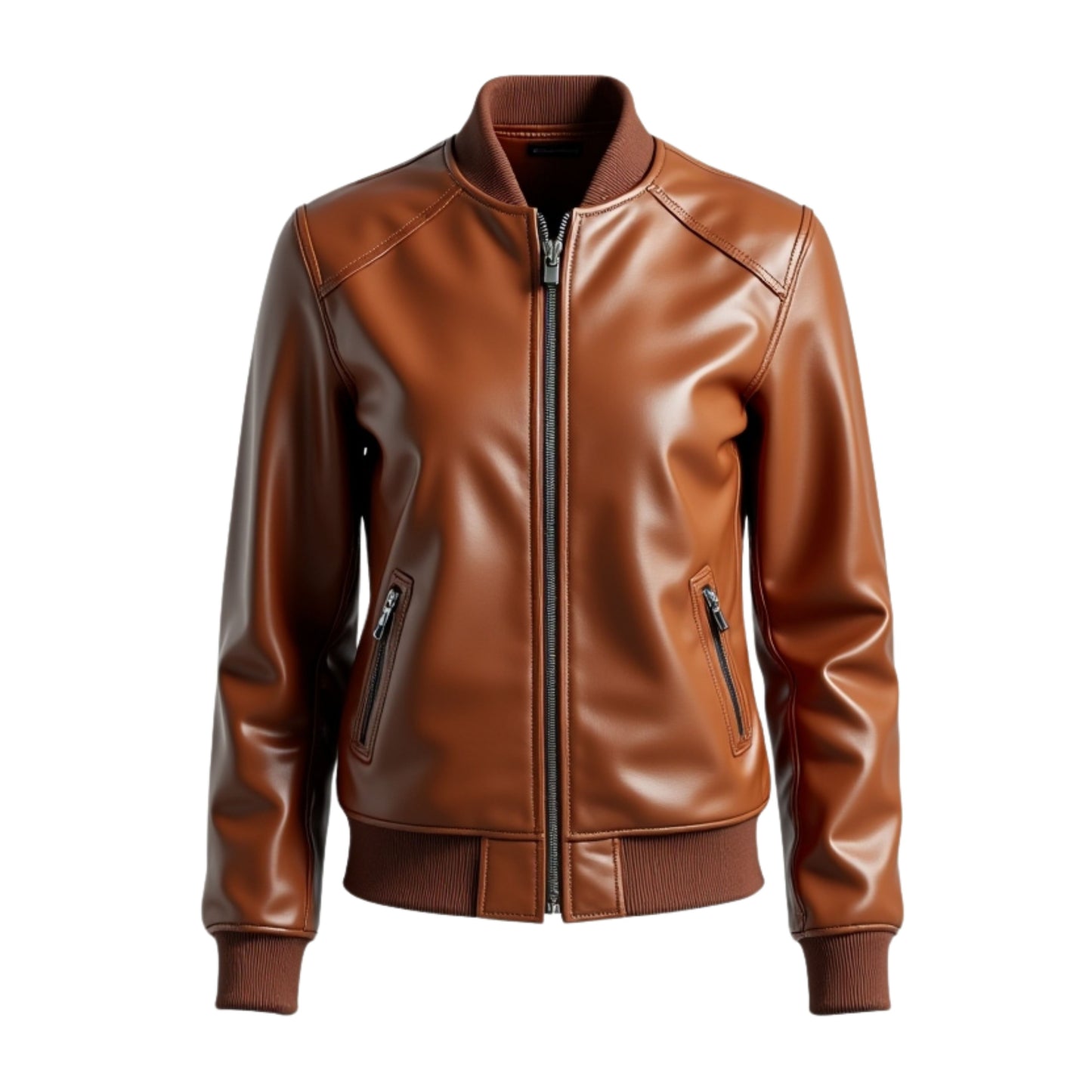 Womens Brown Genuine Lambskin Leather Bomber Jacket Rib Knit Collar Zipper Closure