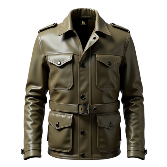Men's Olive Green Leather Military Jacket with Belted Waist and Flap Pockets