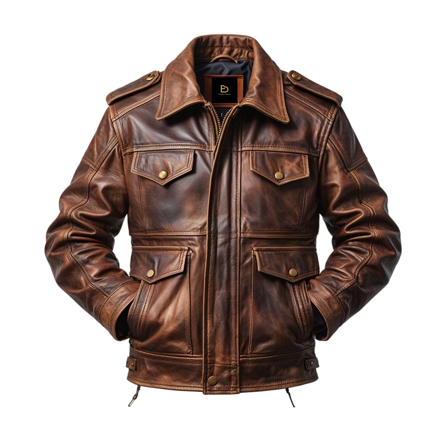 Men's Brown Real Leather Jacket with Shoulder Epaulettes and Button Pockets