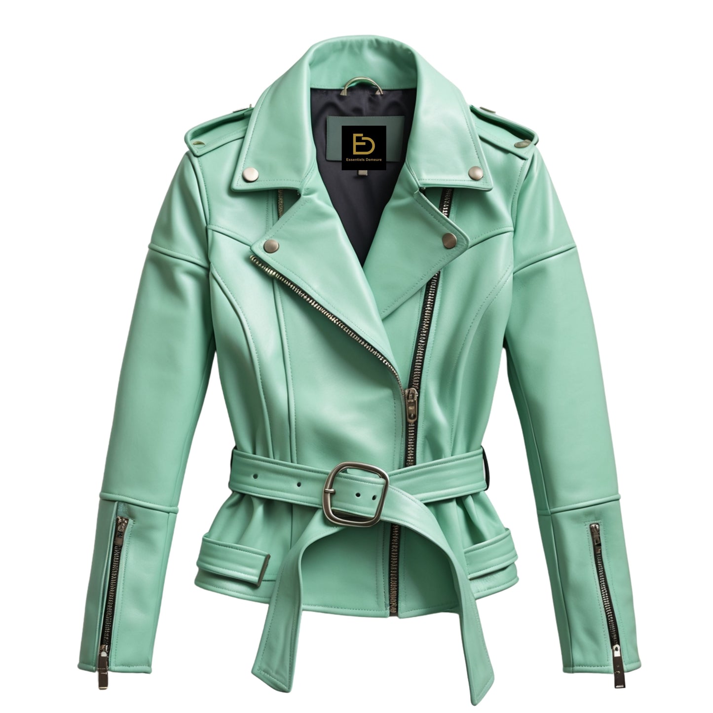 Mint Green Leather Cropped Moto Jacket with Asymmetric Zip and Belt