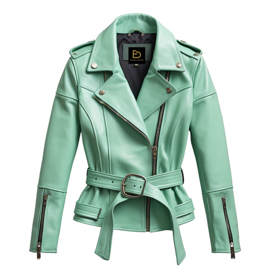 Mint Green Leather Cropped Moto Jacket with Asymmetric Zip and Belt