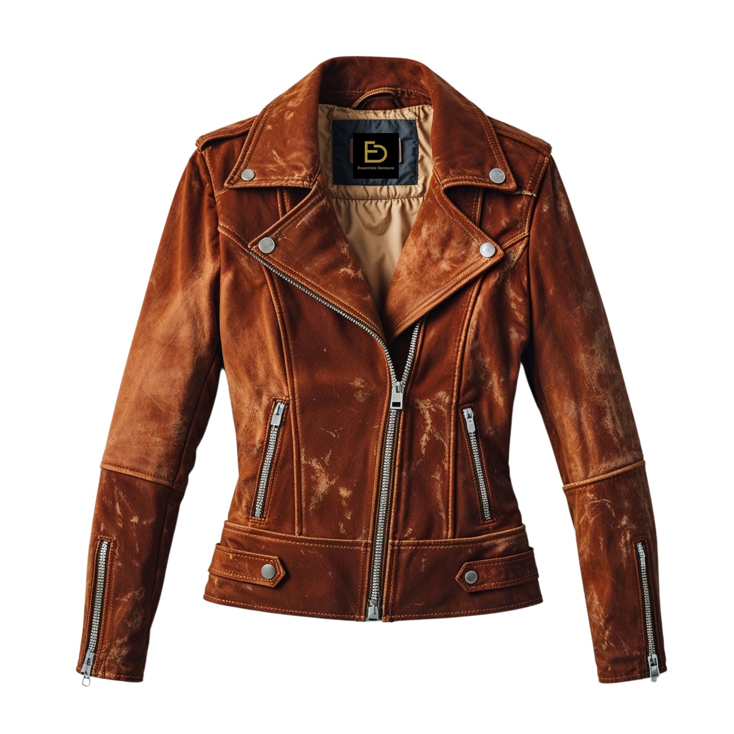 Distressed Cognac Real Leather Biker Jacket – Slim Fit Asymmetrical Zip Snap Lapel