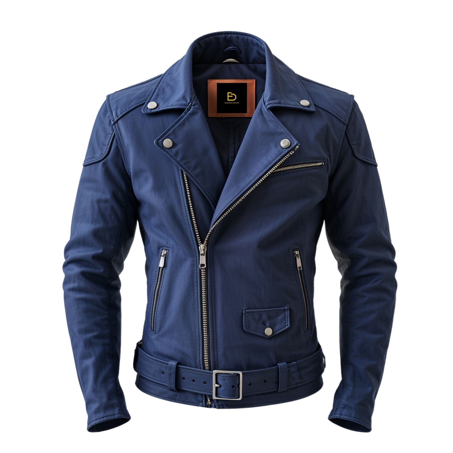 Men's Blue Biker Jacket: Asymmetric Zipper, Belted Waist, Urban Style