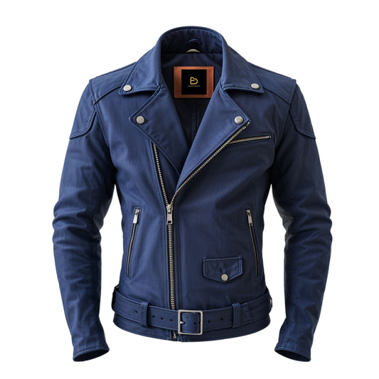 Men's Blue Biker Jacket: Asymmetric Zipper, Belted Waist, Urban Style