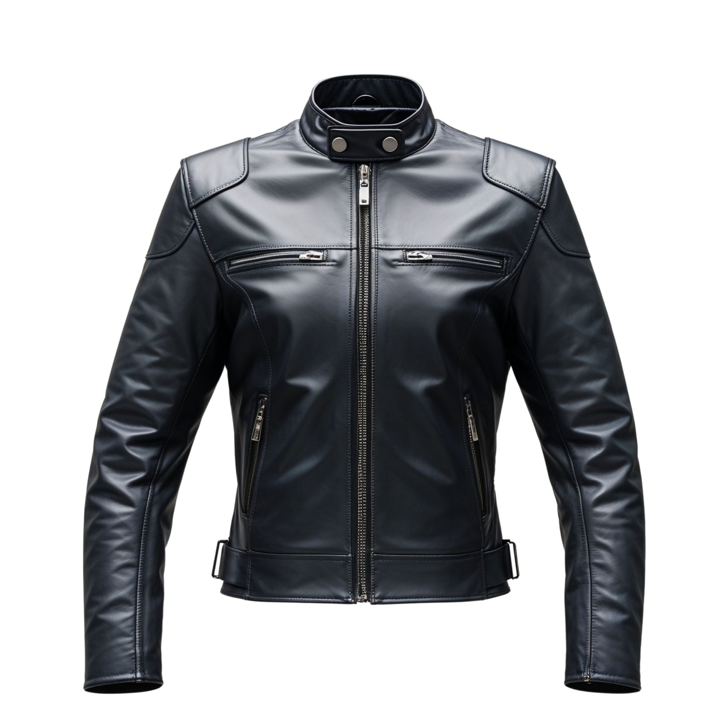 Men's Black Real Leather Biker Jacket – Modern Moto Style, Stand Collar, Zipper Pockets