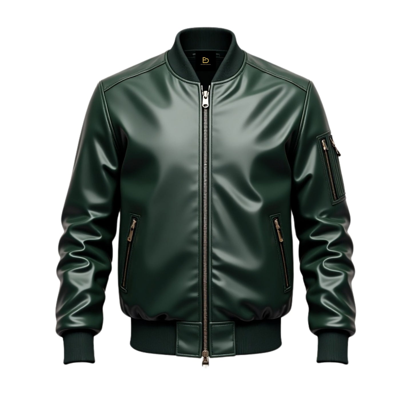 Men's Green Real Leather Bomber Jacket with Ribbed Collar and Cuffs