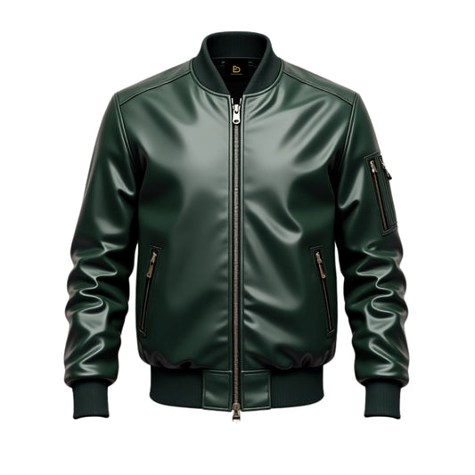 Men's Green Real Leather Bomber Jacket with Ribbed Collar and Cuffs