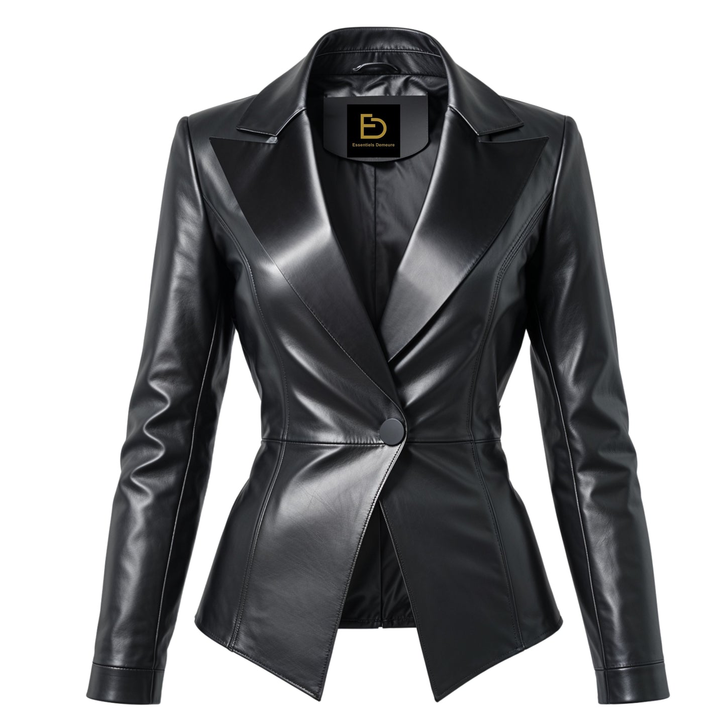 Black Real Leather Blazer Jacket: Slim Fit, Peak Lapel, Asymmetric Hem Tailored Coat