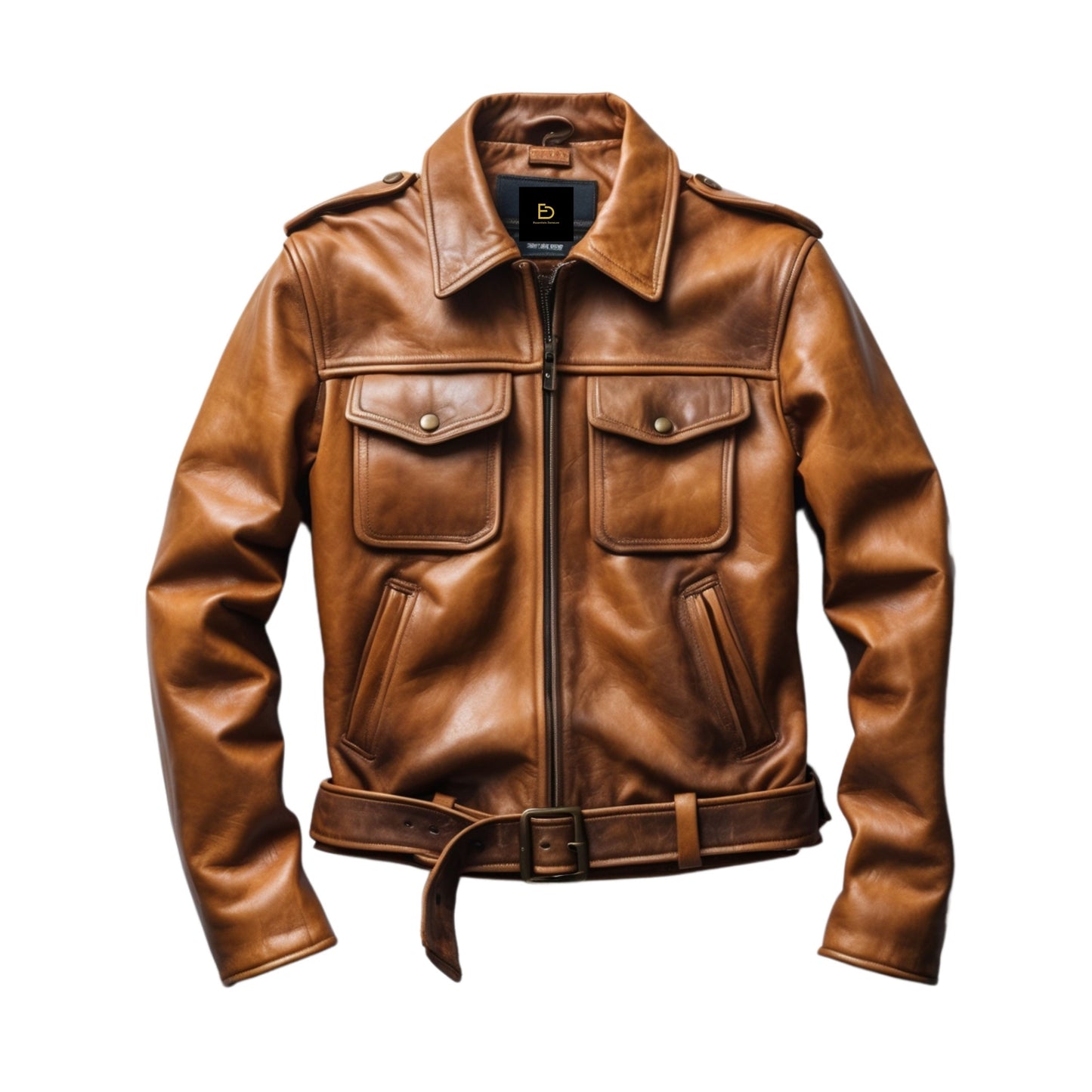 Men Real Leather Brown Belted Jacket Epaulets Multiple Pockets Classic Timeless Style Everyday Versatility