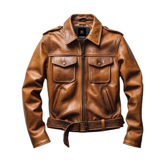 Men Real Leather Brown Belted Jacket Epaulets Multiple Pockets Classic Timeless Style Everyday Versatility