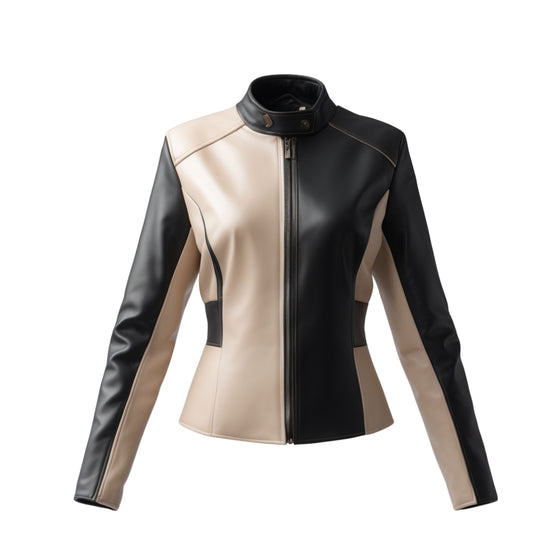 Women's Two-Tone Leather Racing Jacket: Beige Black Colorblock Funnel Neck Zip