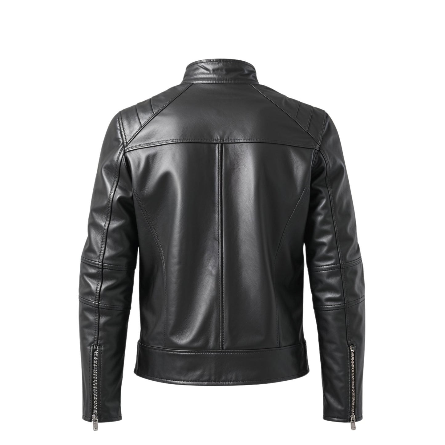 Men's Black Real Leather Motorcycle Jacket with Snap Collar, Zip Pockets