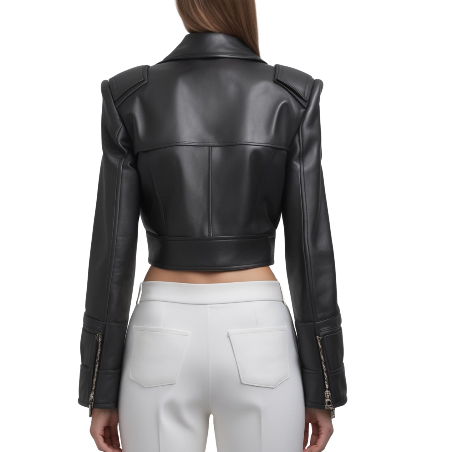 Womens Black Real Leather Cropped Jacket with Padded Shoulders, Shirt Collar