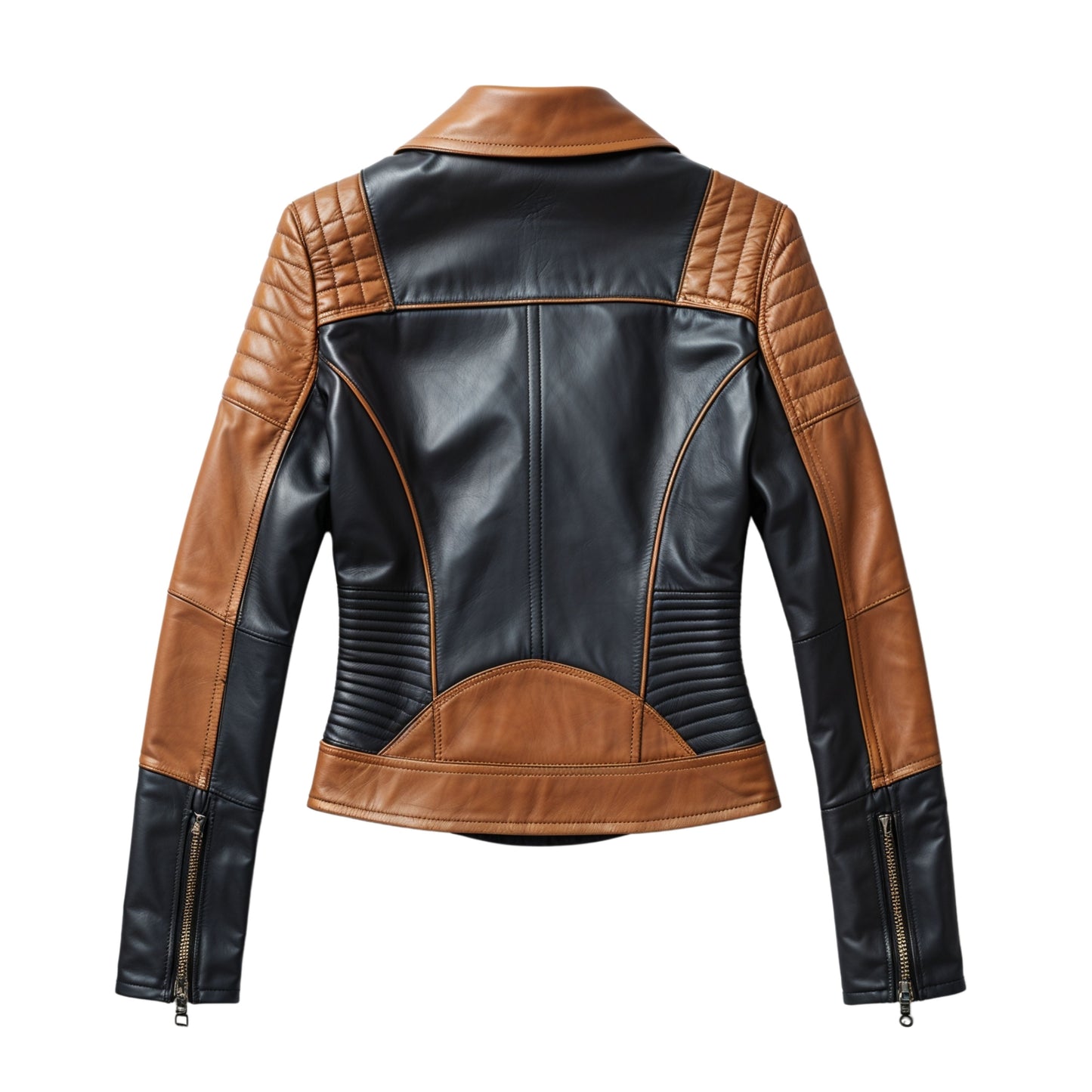 Women's Two-Tone Real Leather Biker Jacket with Quilted Shoulders – Asymmetric Zip Outerwear