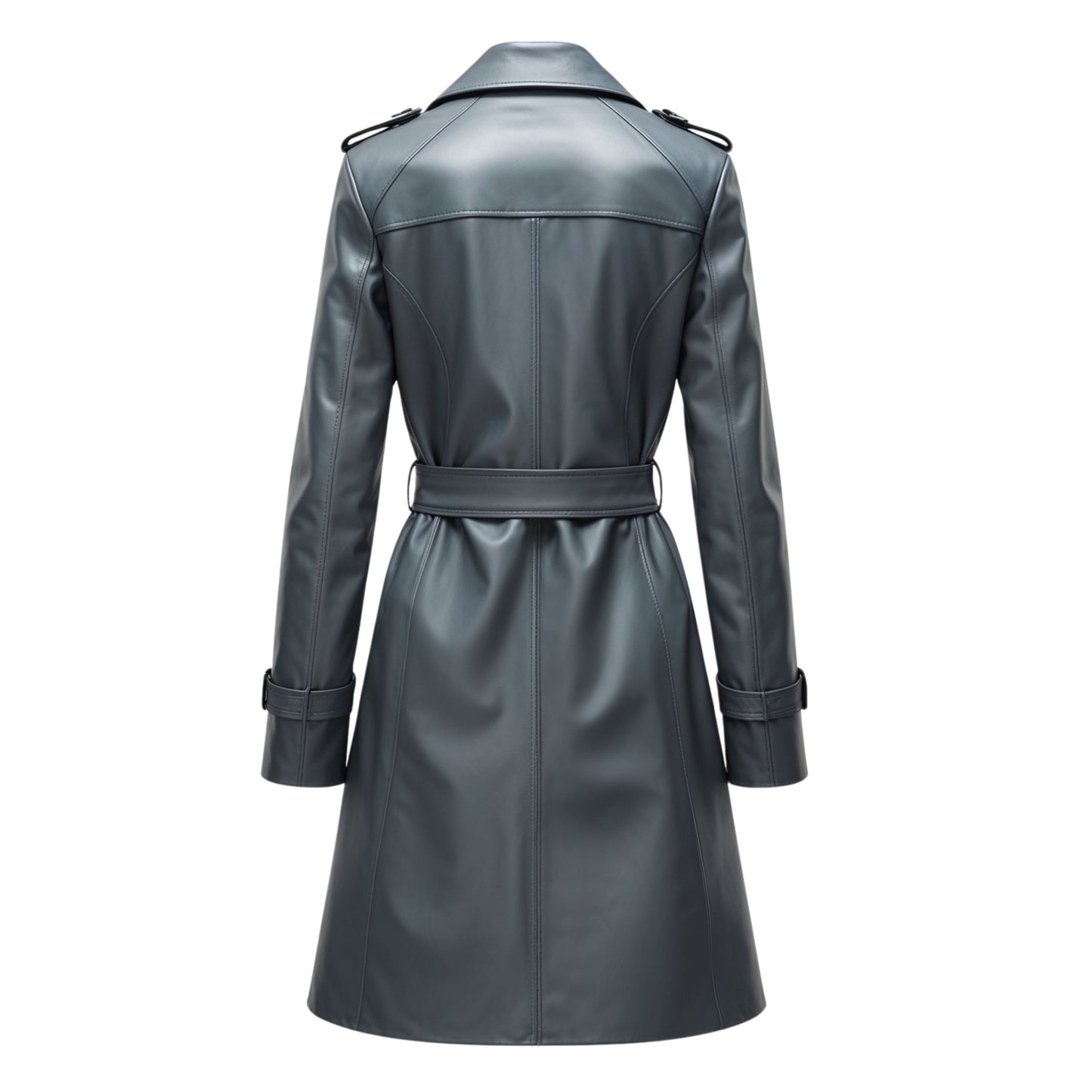 Womens Real Leather Trench Coat: Grey Belted Double Breasted Jacket, Lapel Collar