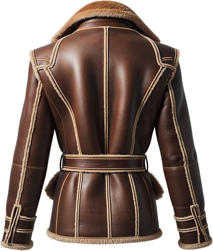 Men Real Shearling Lined Brown Leather Aviator Jacket Wide Lapel Collar Adjustable Waist Belt Winter Style