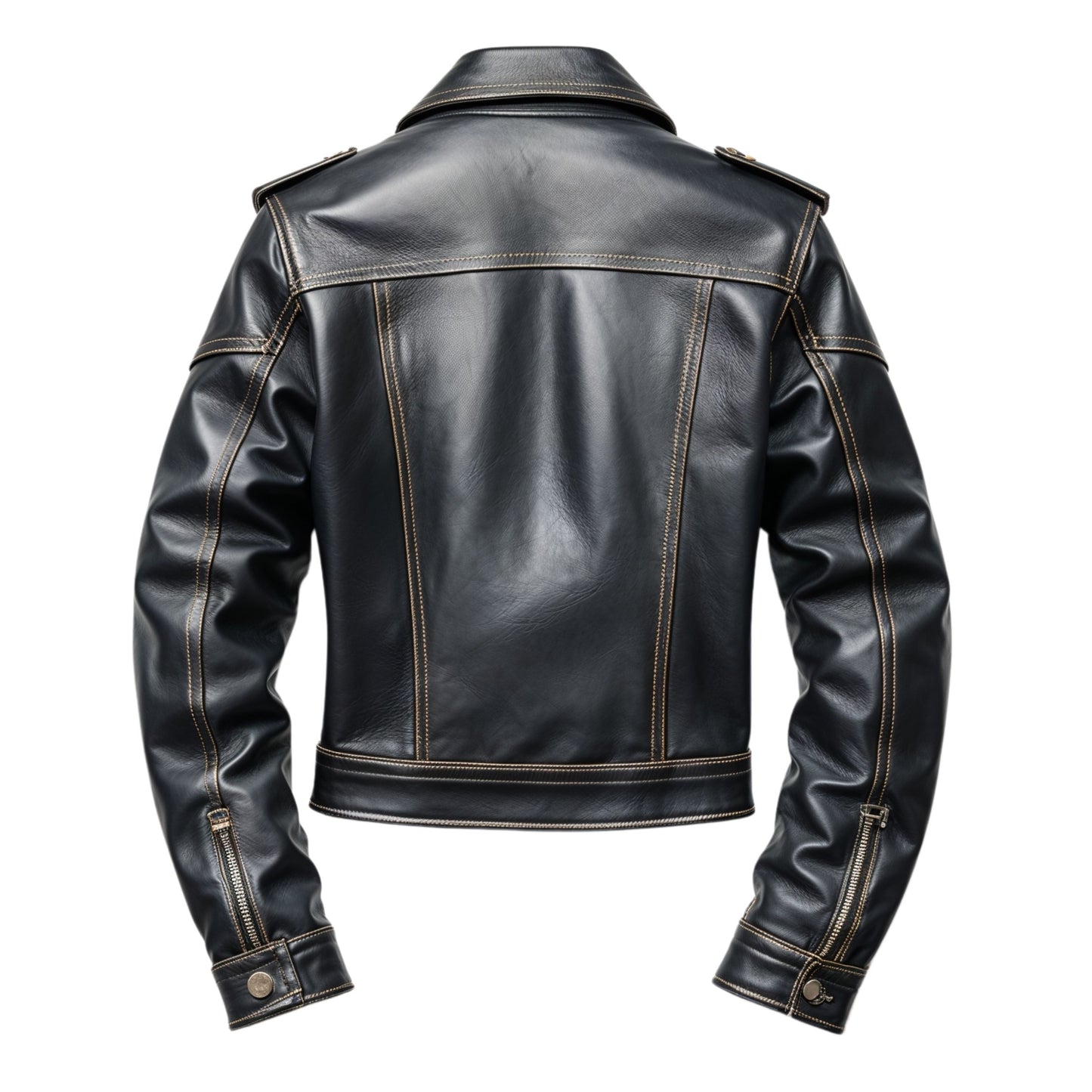 Men Black Real Leather Trucker Jacket Contrast Stitching Button Front Featuring Epaulets Utility Pockets