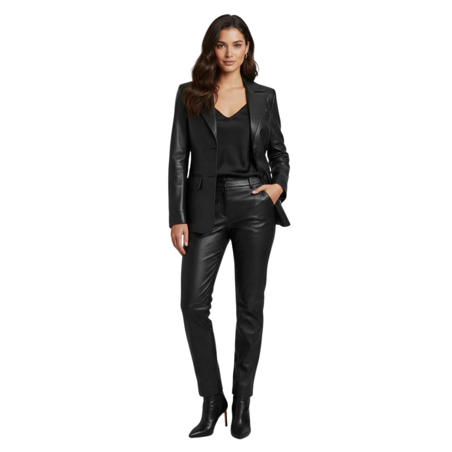 Women's Black Leather Blazer, Tailored Fit, Two-Button Notch Lapel