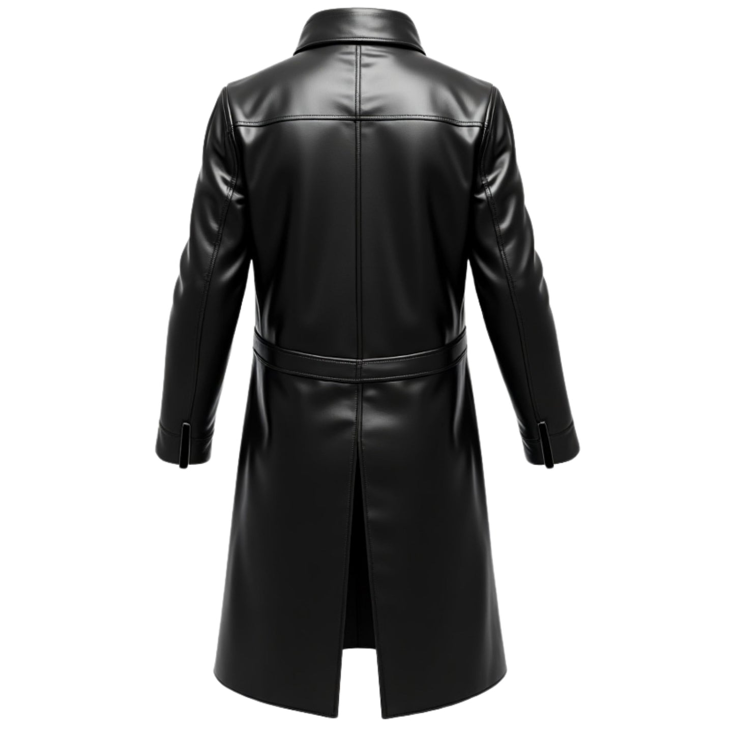Men's Black Real Leather Long Overcoat: Classic Button Front Tailored Fit