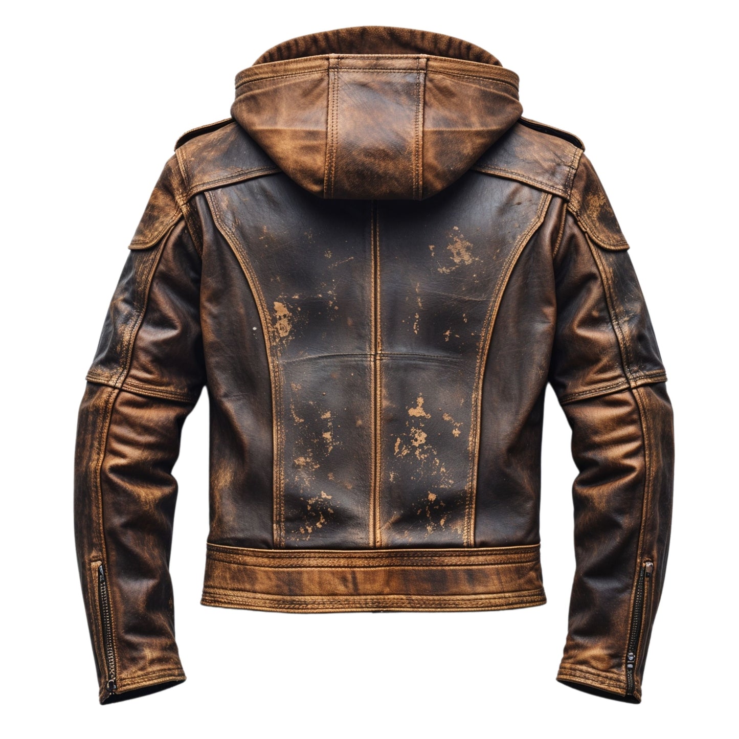 Distressed Brown Leather Jacket with Removable Hood – Men's Biker Style