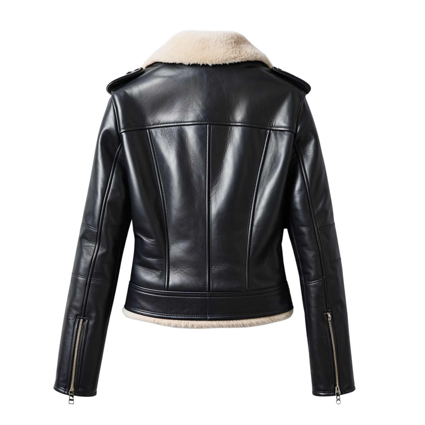 Black Leather Cropped Moto Jacket with Cream Shearling Collar, Double Breasted Gold Buttons