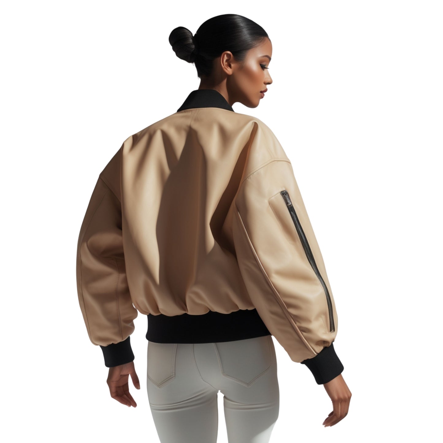 Cream Real Leather Cropped Bomber Jacket with Black Ribbed Collar & Cuffs