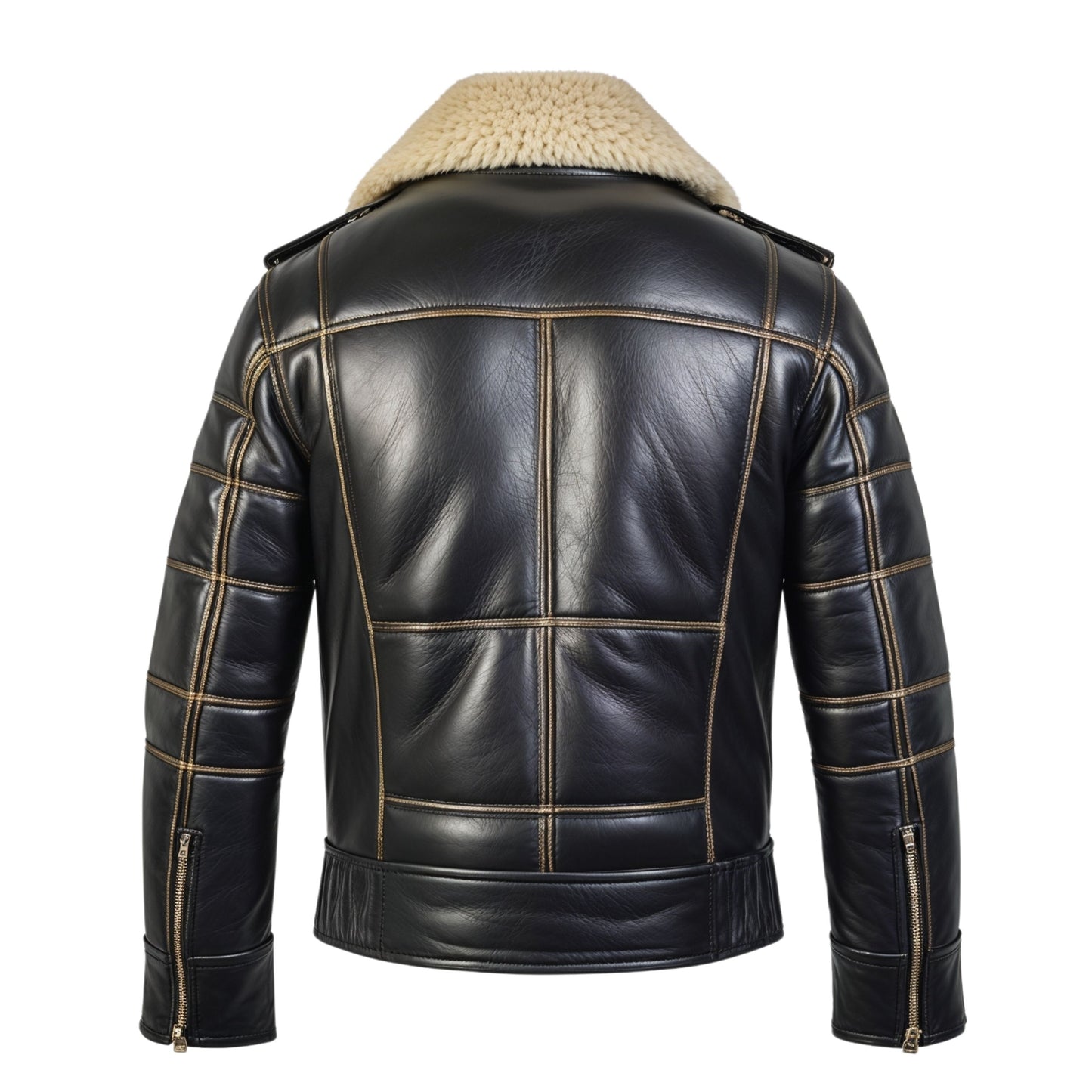 Men's Black Leather Aviator Jacket Shearling Collar Contrast Stitching Pilot Style Winter Warmth