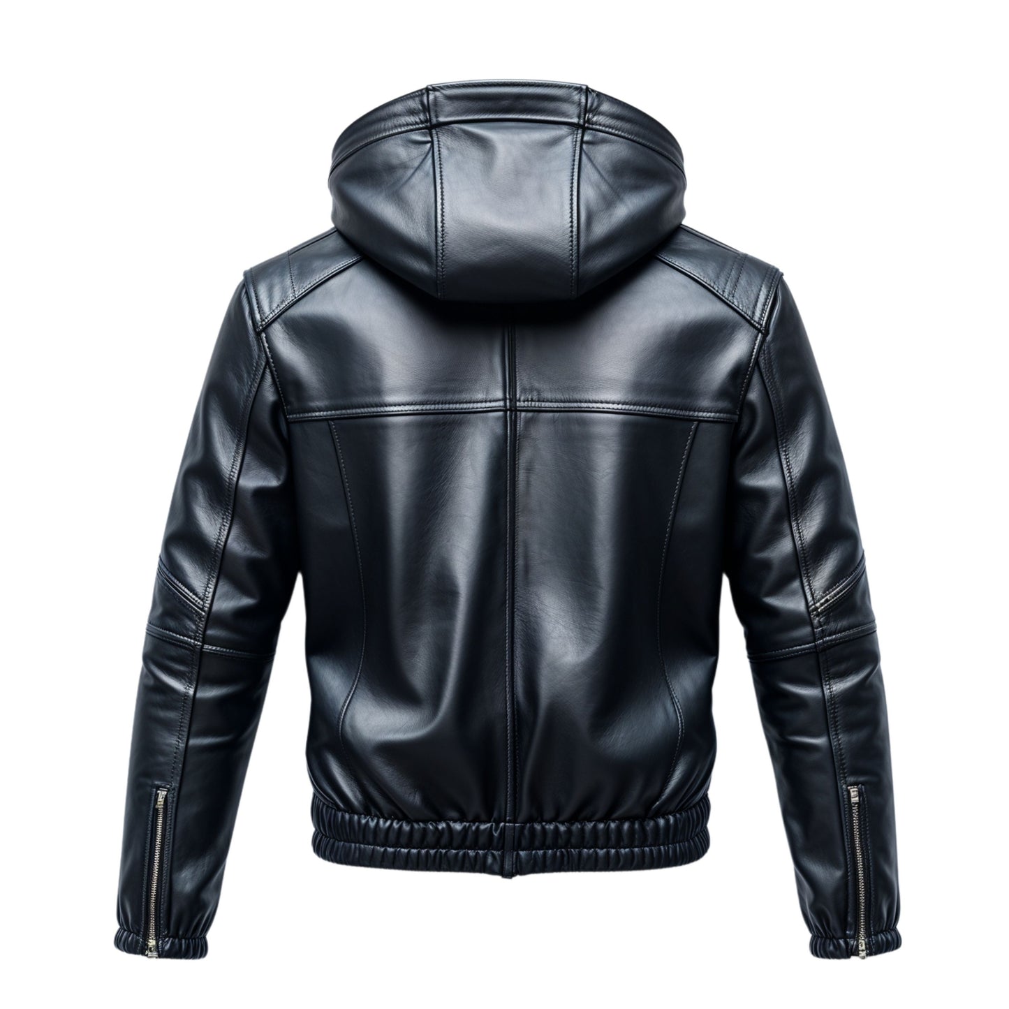 Men's Black Real Leather Hooded Jacket with Drawstring Hem and Zippered Pockets