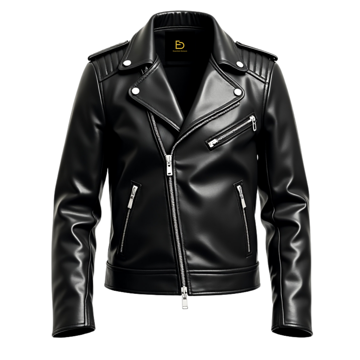 Black Leather Biker Jacket Classic Asymmetrical Zipper Shoulder Epaulets Quilted Accents Durable Riding