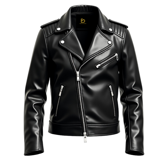 Black Leather Biker Jacket Classic Asymmetrical Zipper Shoulder Epaulets Quilted Accents Durable Riding