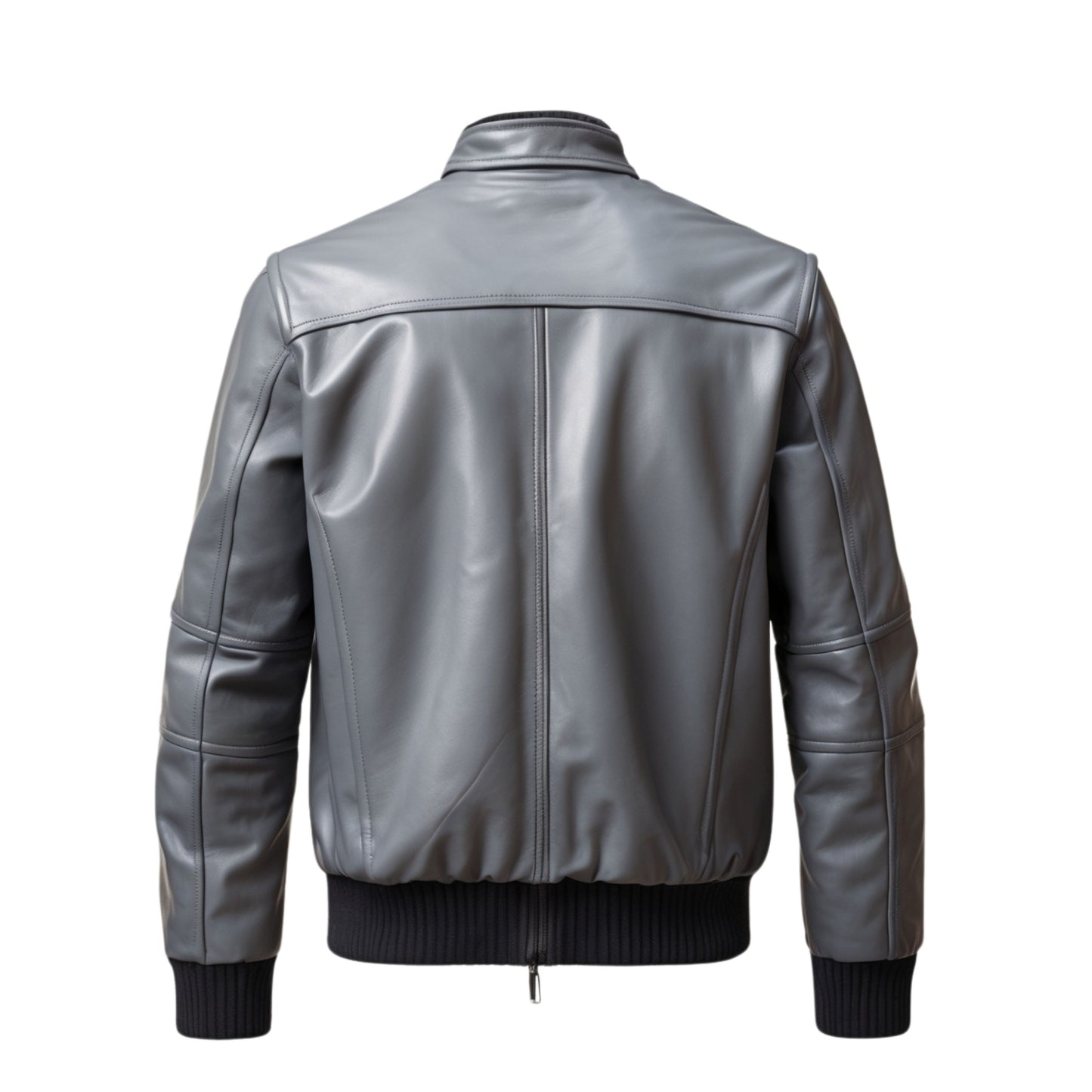 Charcoal Grey Genuine Leather Bomber Jacket with Ribbed Hem and Stand Collar