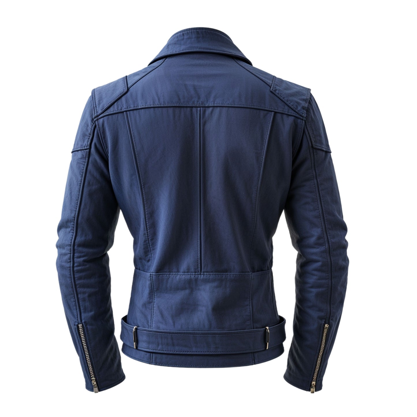 Men's Blue Biker Jacket: Asymmetric Zipper, Belted Waist, Urban Style