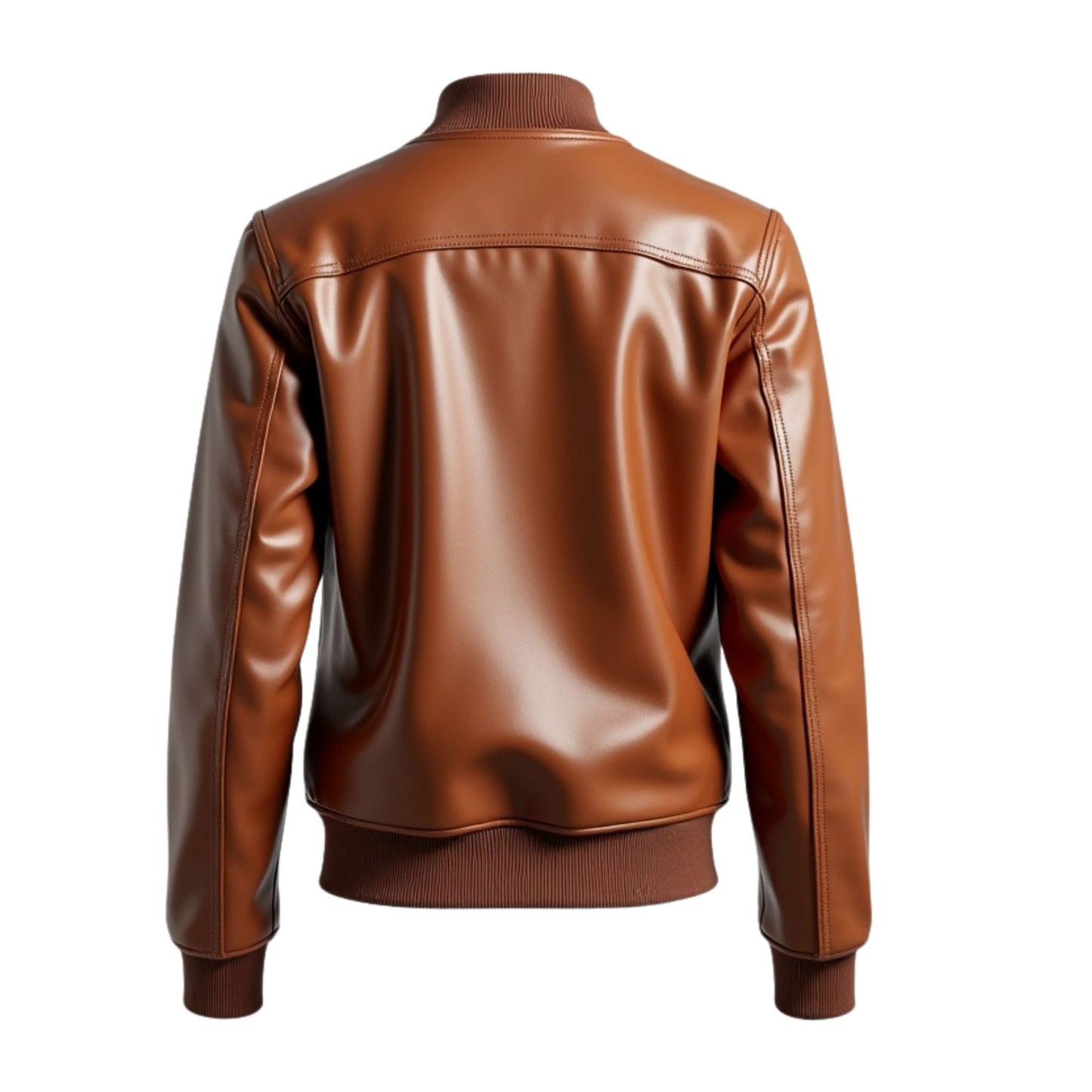 Womens Brown Genuine Lambskin Leather Bomber Jacket Rib Knit Collar Zipper Closure