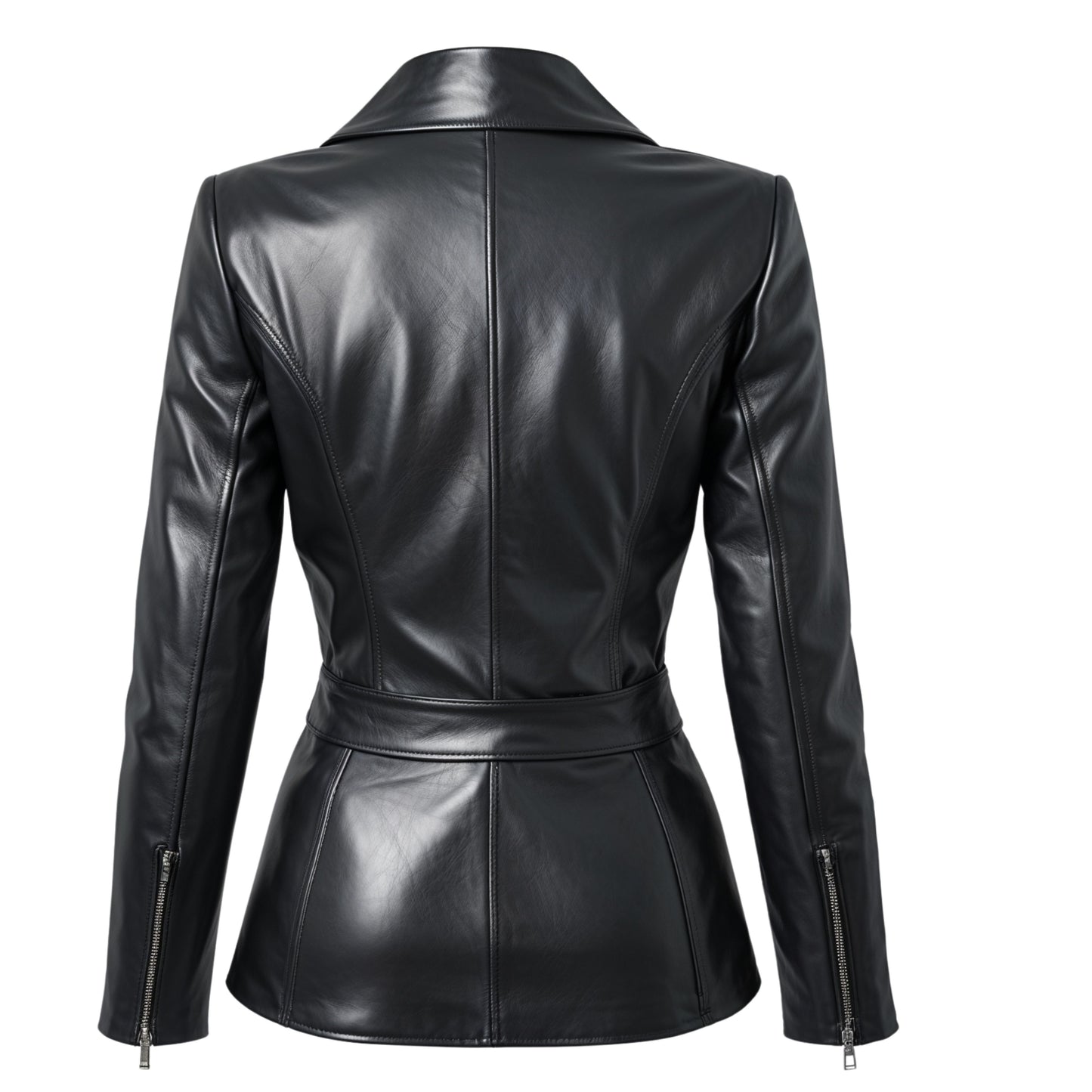 Black Real Leather Blazer Jacket: Slim Fit, Peak Lapel, Asymmetric Hem Tailored Coat