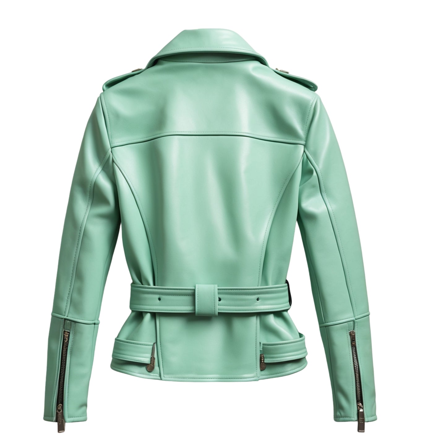 Mint Green Leather Cropped Moto Jacket with Asymmetric Zip and Belt