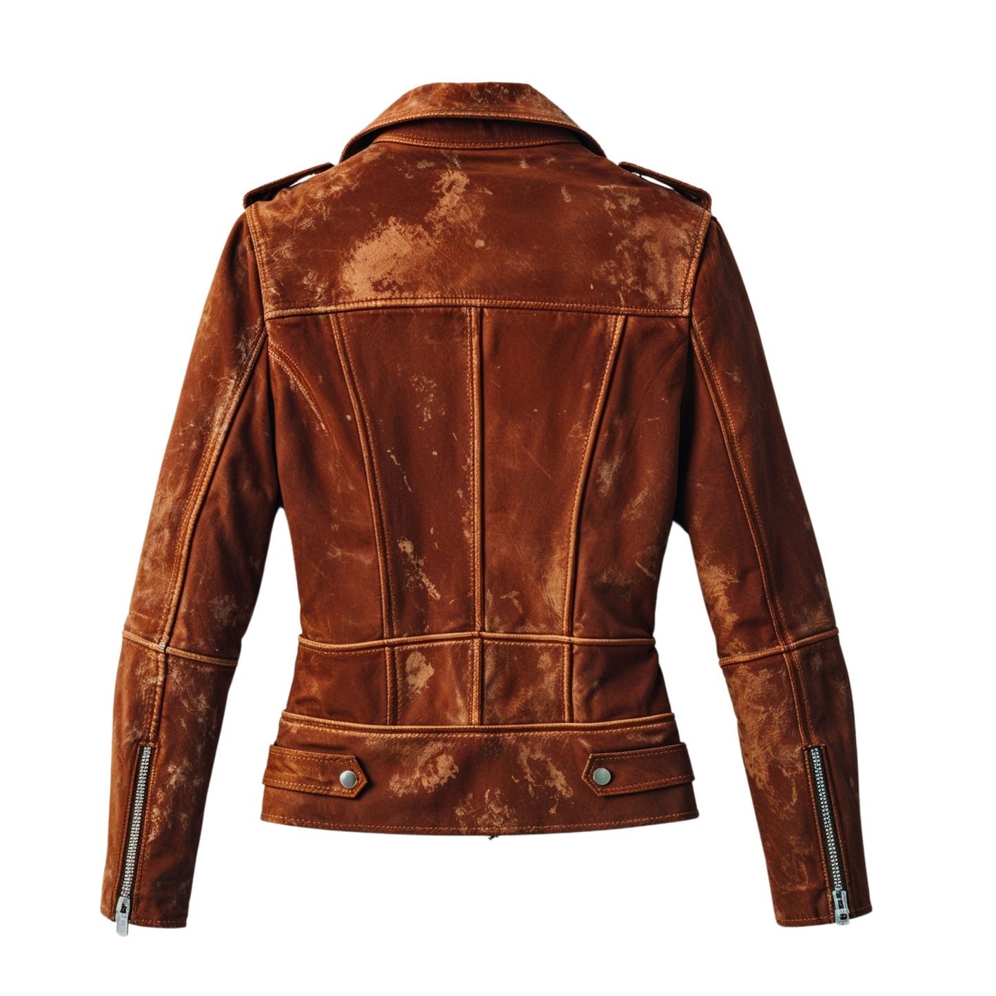 Distressed Cognac Real Leather Biker Jacket – Slim Fit Asymmetrical Zip Snap Lapel