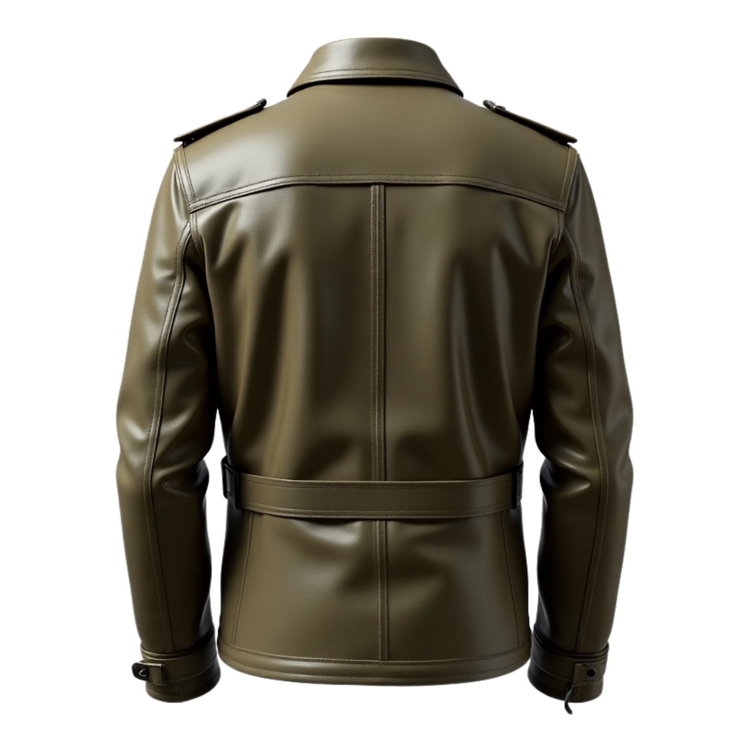Men's Olive Green Leather Military Jacket with Belted Waist and Flap Pockets